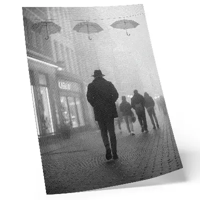 Poster Gestalt mit Hut, Nebel und Regenschirmen in geheimnisvoller Atmosphäre