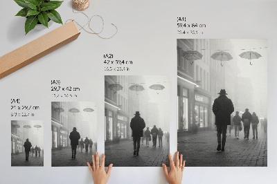 Poster Gestalt mit Hut, Nebel, Regenschirme, Geheimnis