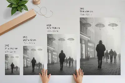Poster Gestalt mit Hut, Nebel und Regenschirmen in geheimnisvoller Atmosphäre
