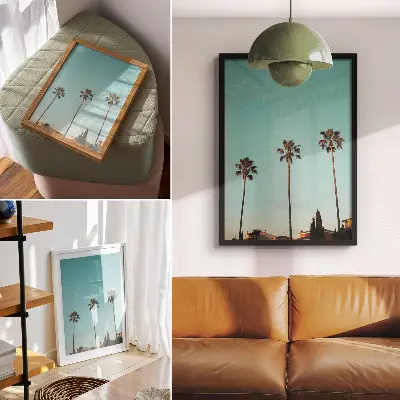 Wandposter mit Palmen vor blauem Hintergrund für eine exotische Atmosphäre