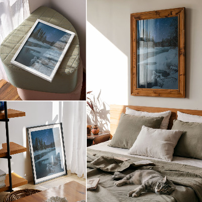 Poster Winterlandschaft, Fluss, Bäume, Sterne