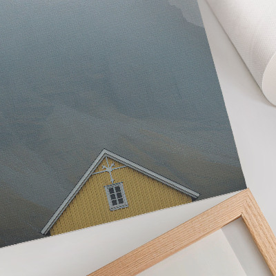 Kunstdruck leinwand Gelbes Haus, Nebel, Berge, friedliche Atmosphäre