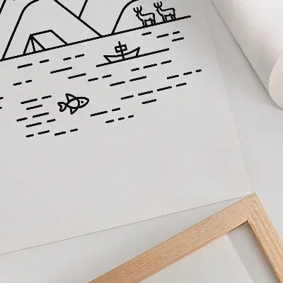 Poster mit minimalistischer Linienführung von Bergen, Seen und Tieren