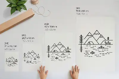 Poster mit minimalistischer Linienführung von Bergen, Seen und Tieren