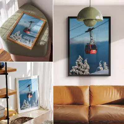 Wandposter Winterlandschaft mit roter Gondel und weißen Bäumen