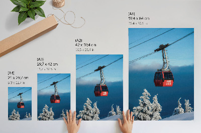 Wandposter Winterlandschaft, rote Gondel, weiße Bäume