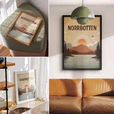 Kunstdruck auf Leinwand mit Motiv Landschaft See Berg Sonnenuntergang und Bäumen in Türkis und Beige