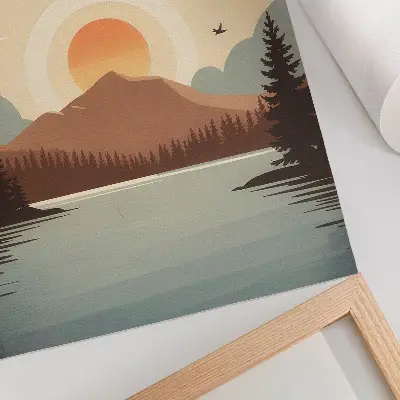 Kunstdruck auf Leinwand mit Motiv Landschaft See Berg Sonnenuntergang und Bäumen in Türkis und Beige
