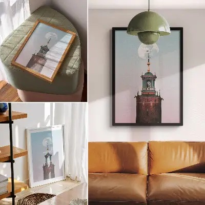 Poster mit Turmmond-Hintergrund in pastellfarbener Ruhe