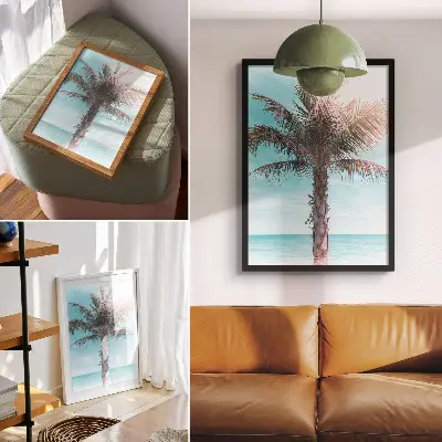 Wandposter palme über dem azurblauen meer unter einem samtigen tropischen himmel