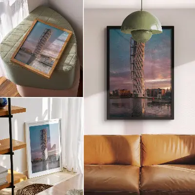 Poster moderner Turm vor einem Sonnenuntergang