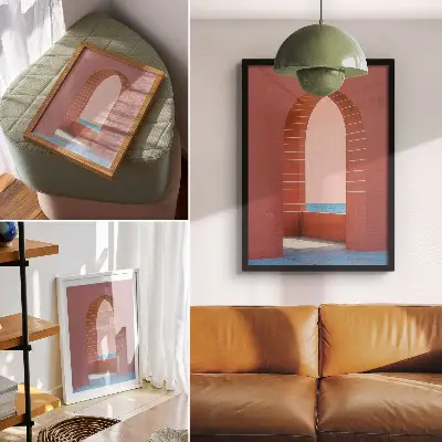 Poster pastellfarbene Bögen mit Meer und minimalistischer Architektur