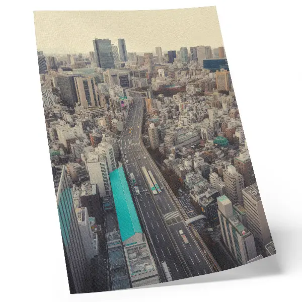 Wandposter Stadtpanorama mit hohen Gebäuden und Straßenansicht