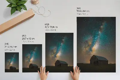 Kunstdruck auf Leinwand Nachthimmel mit Sternen und Milchstraße über einer Scheune