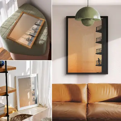 Wandposter Sonnenuntergang mit Gebäudesilhouette und Frieden-Motiv