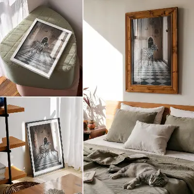 Kunstdruck auf Leinwand Zebra vor architektonischer Kulisse mit fliegenden Vögeln