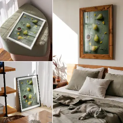 Wandposter mit grünem Hintergrund und Teebirnenblüten mit Blättern