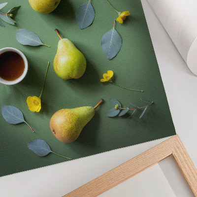 Wandposter Grüner Hintergrund, Teebirnenblüten, Blätter