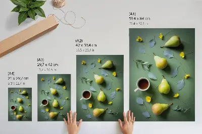 Wandposter mit grünem Hintergrund und Teebirnenblüten mit Blättern