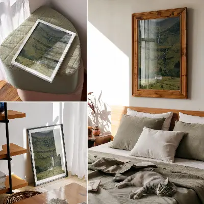 Leinwand-Kunstdruck mit grünen Hügeln, malerischem Cottage und friedlicher Atmosphäre