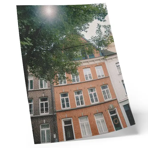 Wandposter bunte Fassaden mit grünen Bäumen unter sonnigem Himmel