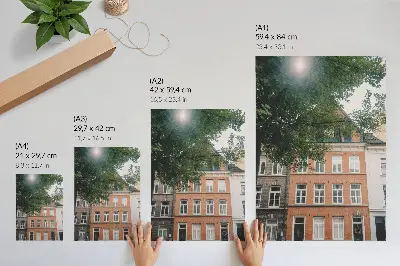 Wandposter bunte Fassaden mit grünen Bäumen unter sonnigem Himmel
