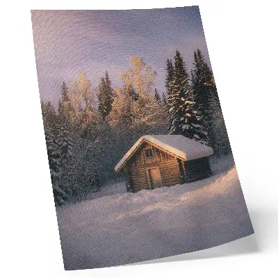 Poster mit Winterwald, Holzhütte, Frieden und Harmonie in der Natur