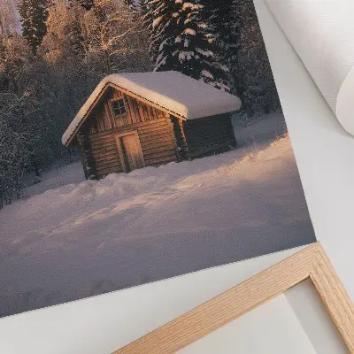 Poster mit Winterwald, Holzhütte, Frieden und Harmonie in der Natur