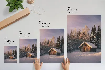 Poster mit Winterwald, Holzhütte, Frieden und Harmonie in der Natur