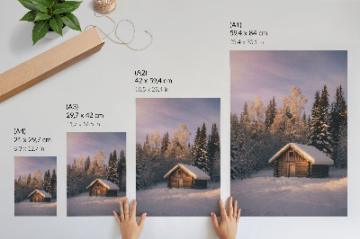 Poster Winterwald, Holzhütte, Frieden, Harmonie, Natur