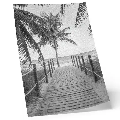 Wandposter tropischer Steg mit Palmen vor einem endlosen Sandstrand