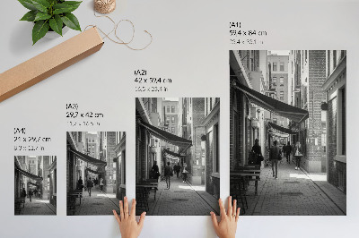 Wandposter Schwarz-weiße, schmale Backsteinfassaden in der Stadt