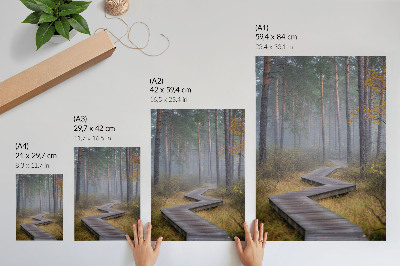 Kunstdruck leinwand Holzsteg zwischen Bäumen im Nebel