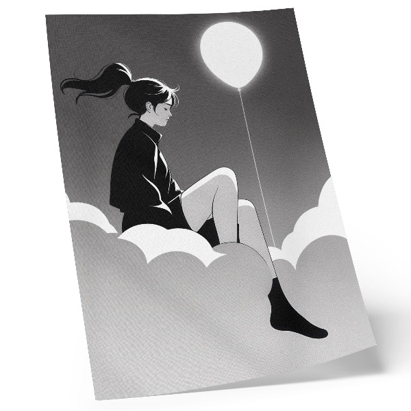 Poster Eine Figur auf einer Wolke mit einem Ballon im minimalistischen Stil