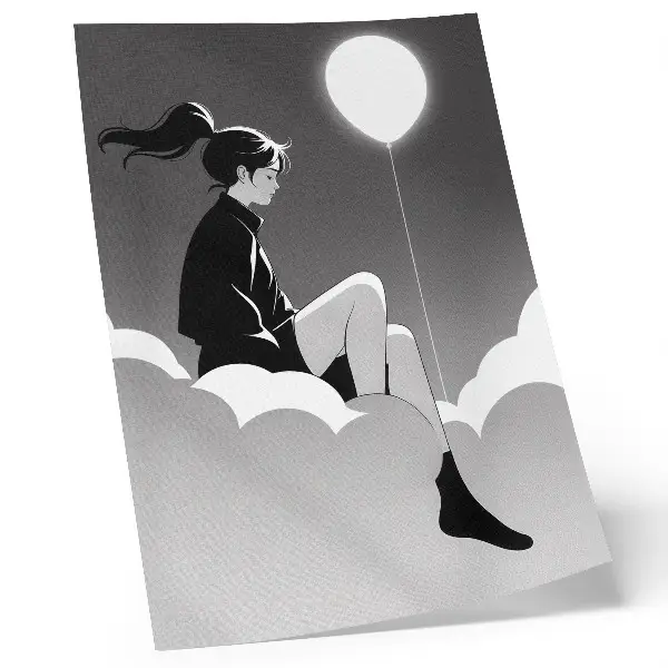 Poster mit einer Figur auf einer Wolke mit Ballon im minimalistischen Stil