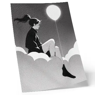 Poster mit einer Figur auf einer Wolke mit Ballon im minimalistischen Stil