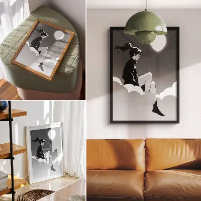 Poster mit einer Figur auf einer Wolke mit Ballon im minimalistischen Stil
