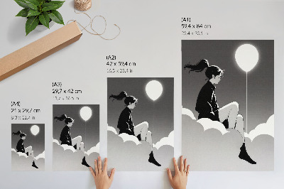 Poster Eine Figur auf einer Wolke mit einem Ballon im minimalistischen Stil