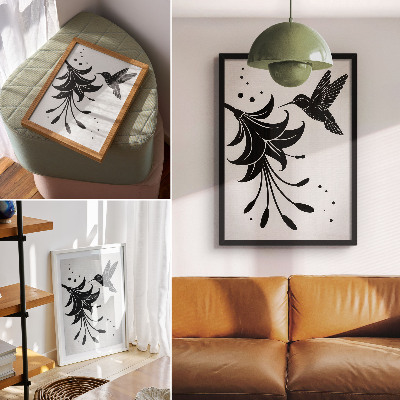 Kunstdruck leinwand Kontrastierender Kolibri und Blume auf weißem Hintergrund
