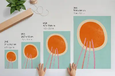 Poster orangefarbener Kreis auf türkisfarbenem Hintergrund mit rosafarbenen Linien