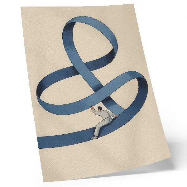 Wandposter dynamische Figur auf blauem Klebeband vor beigefarbenem Hintergrund