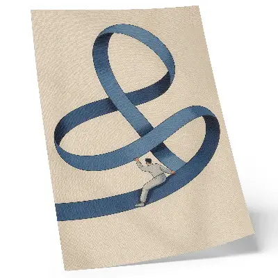 Wandposter dynamische Figur auf blauem Klebeband vor beigefarbenem Hintergrund