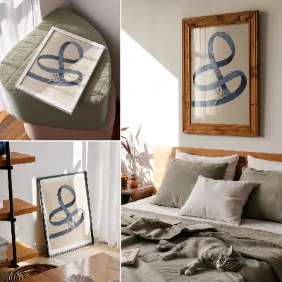 Wandposter dynamische Figur auf blauem Klebeband vor beigefarbenem Hintergrund