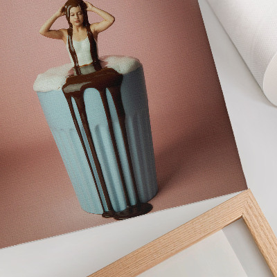 Kunstdruck leinwand Person in einer Tasse Schokolade vor rosa Hintergrund