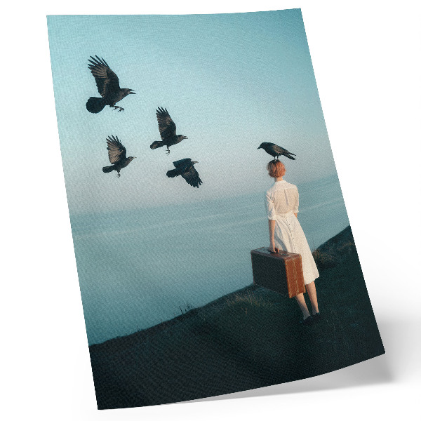 Kunstdruck leinwand Frau mit Koffer, Vögel, Himmel, Surrealismus