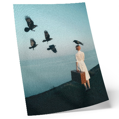 Kunstdruck leinwand Frau mit Koffer, Vögel, Himmel, Surrealismus