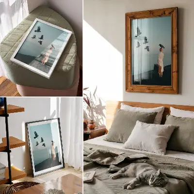 Kunstdruck auf Leinwand surrealistisches Motiv mit Frau, Koffer, Vögeln und Himmel
