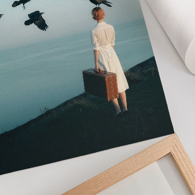 Kunstdruck leinwand Frau mit Koffer, Vögel, Himmel, Surrealismus