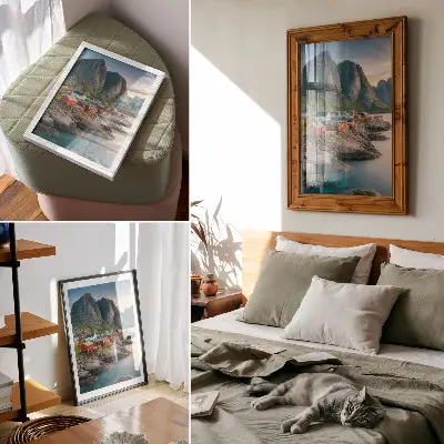 Kunstdruck auf Leinwand charmante Ferienhäuser am ruhigen Meer vor majestätischen Bergen