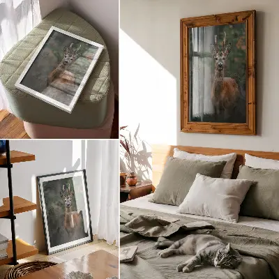 Wandposter Hirsche im Wald vor einem grünen Hintergrund in friedlicher Natur